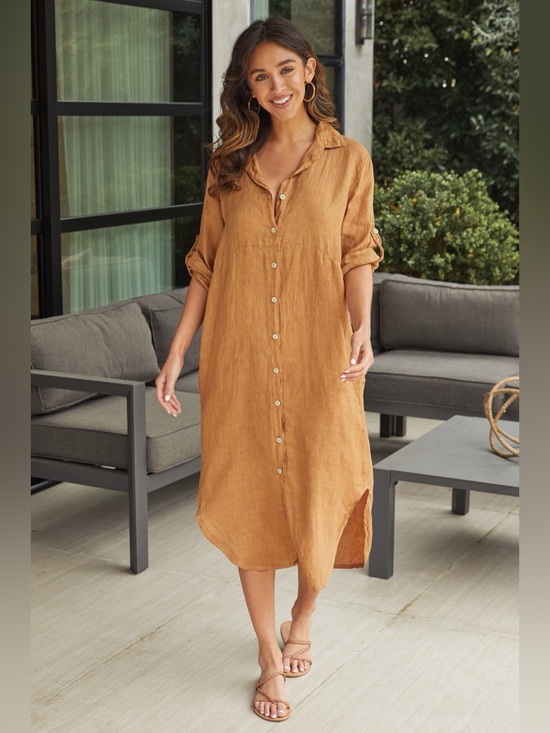 Milio Milano Dresses & Skirts - (60601-SOL-TOB) SOLID MIDI-LENGTH BUTTON DOWN LINEN DRESS
